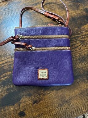 Dooney & Bourke Purple Leather Triple-Zip Crossbody with Brown Strap